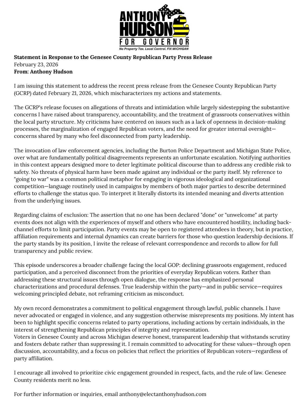 Press release statement issued by Anthony Hudson