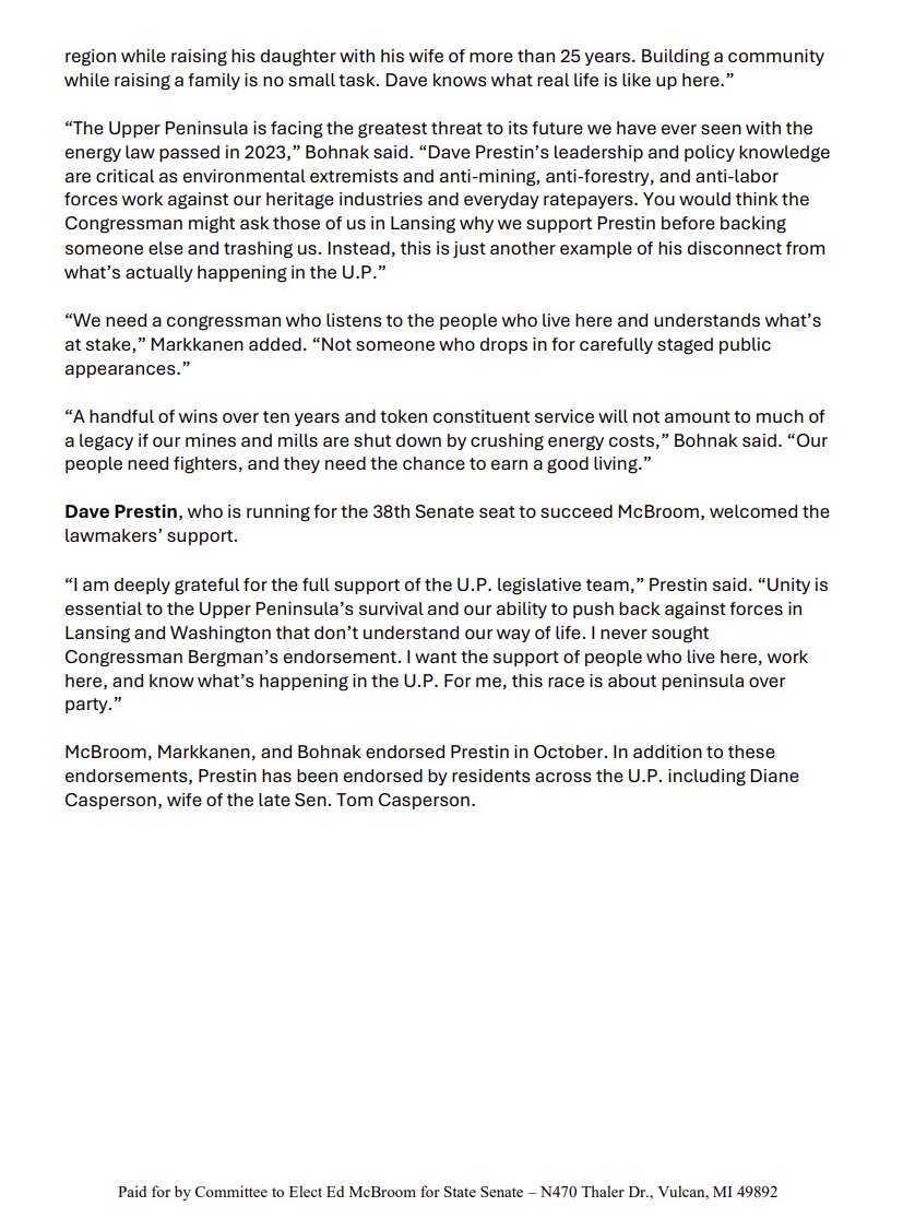 Press release page 2 dated February 17, 2026: lawmakers reaffirm support for Rep. Dave Prestin in the Michigan Senate District 38 race and cite concerns about the 2023 energy law.