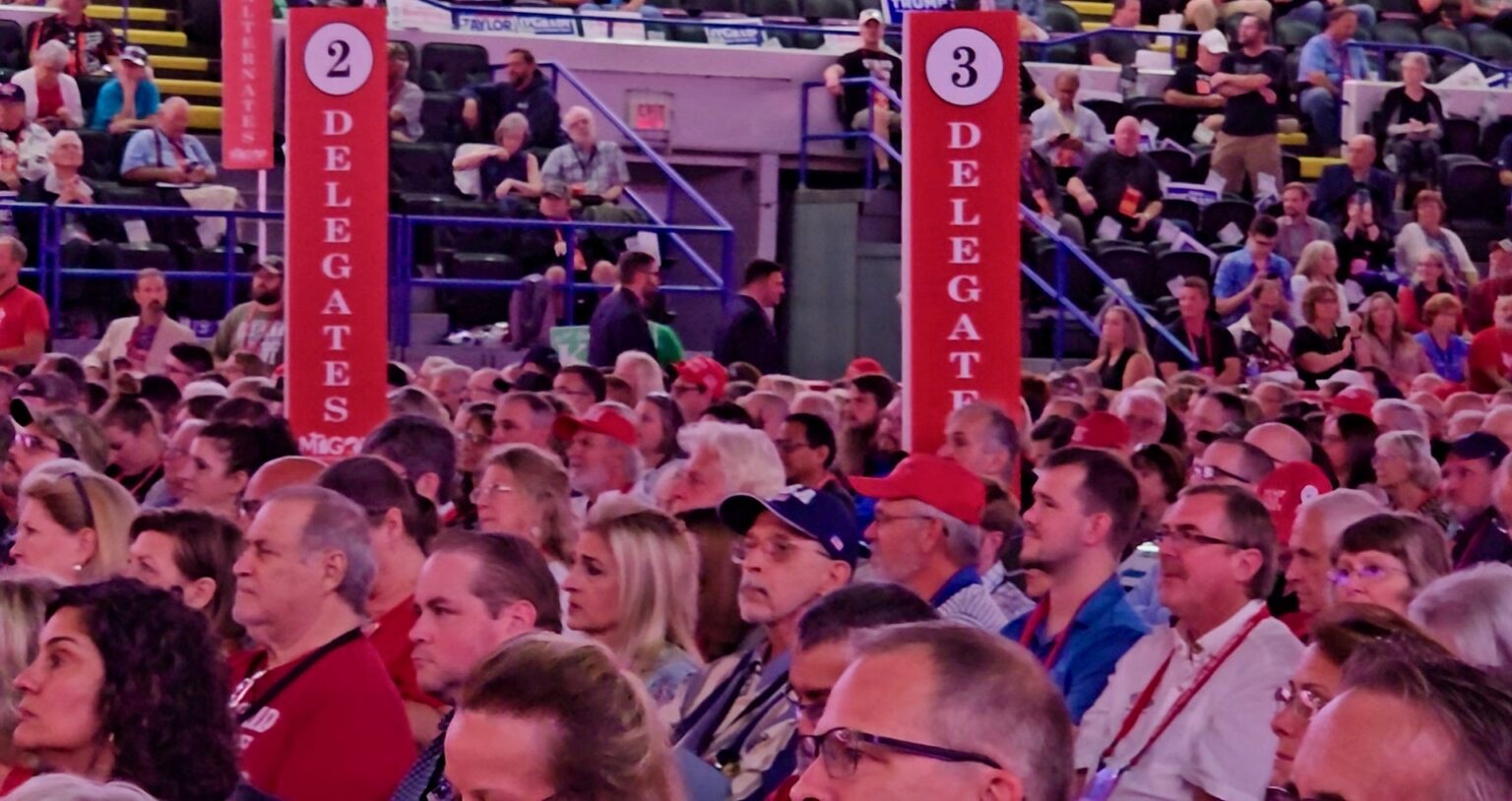 Delegates gathered beneath district signs at a Michigan Republican convention