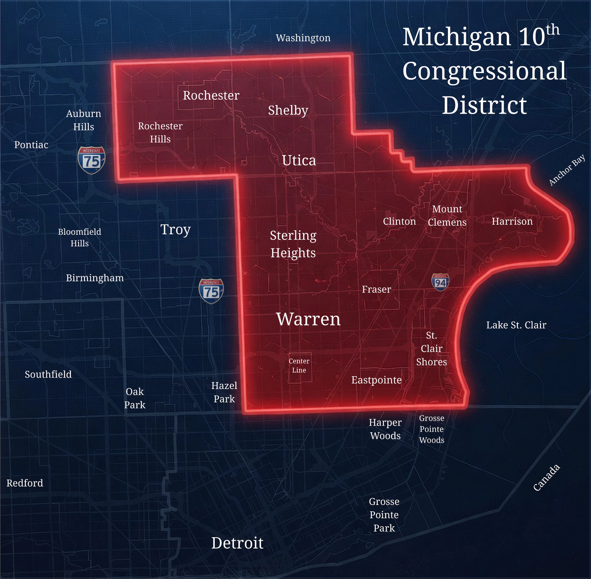 Detailed map of Michigan's 10th Congressional District showing the Macomb County core and smaller Oakland County extension in the Republican primary.