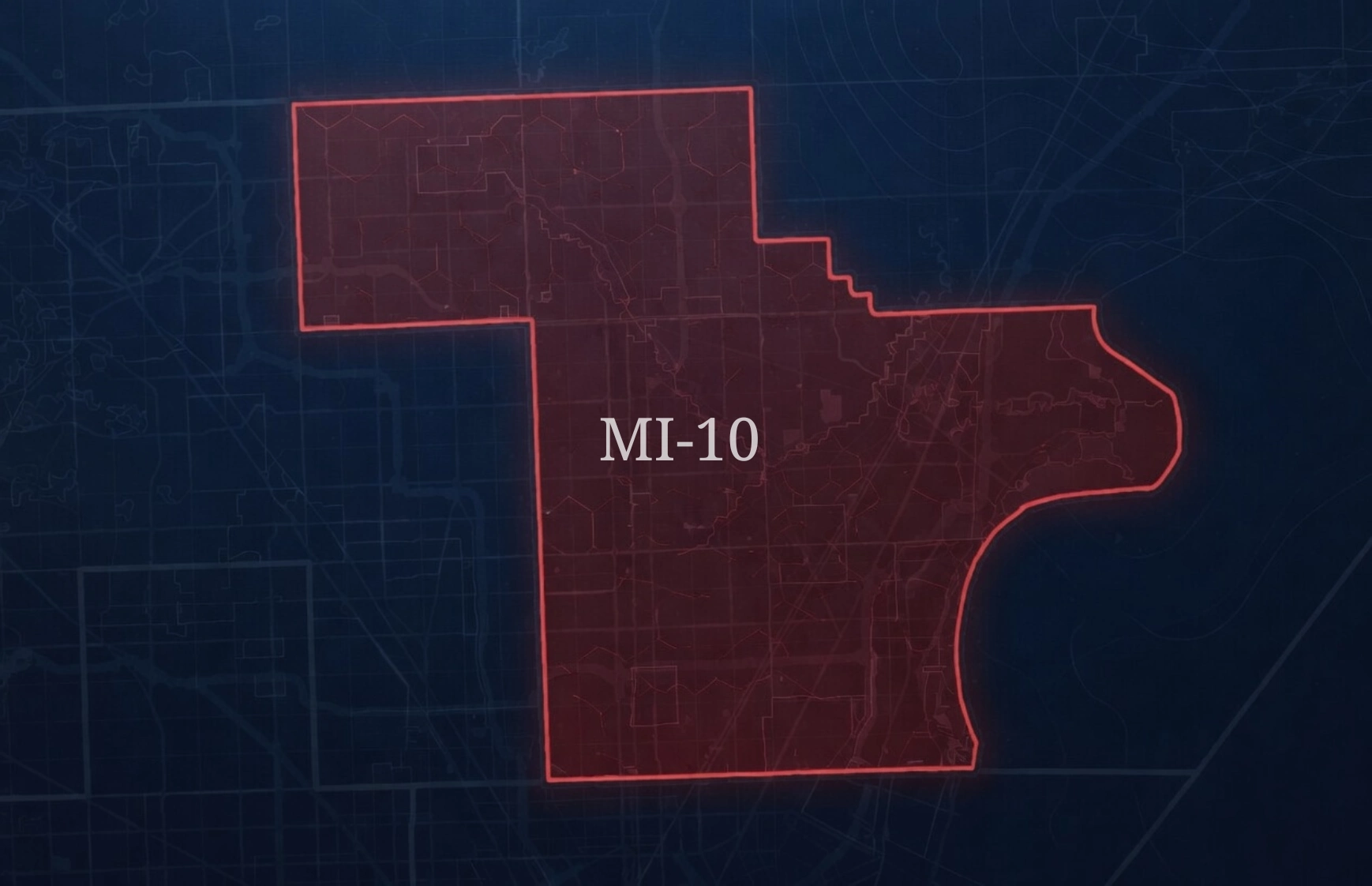 Stylized hero map of Michigan's 10th Congressional District for the MI-10 Republican primary.