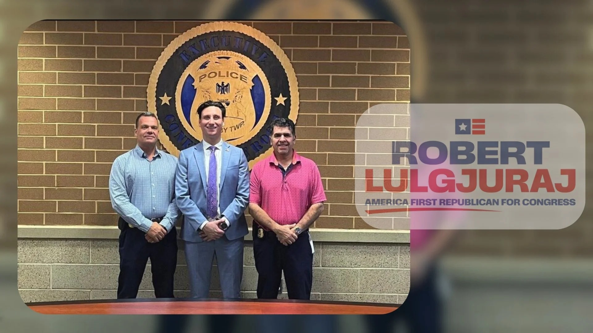 Robert Lulgjuraj with law enforcement supporters during the Michigan 10th Congressional District Republican primary campaign.