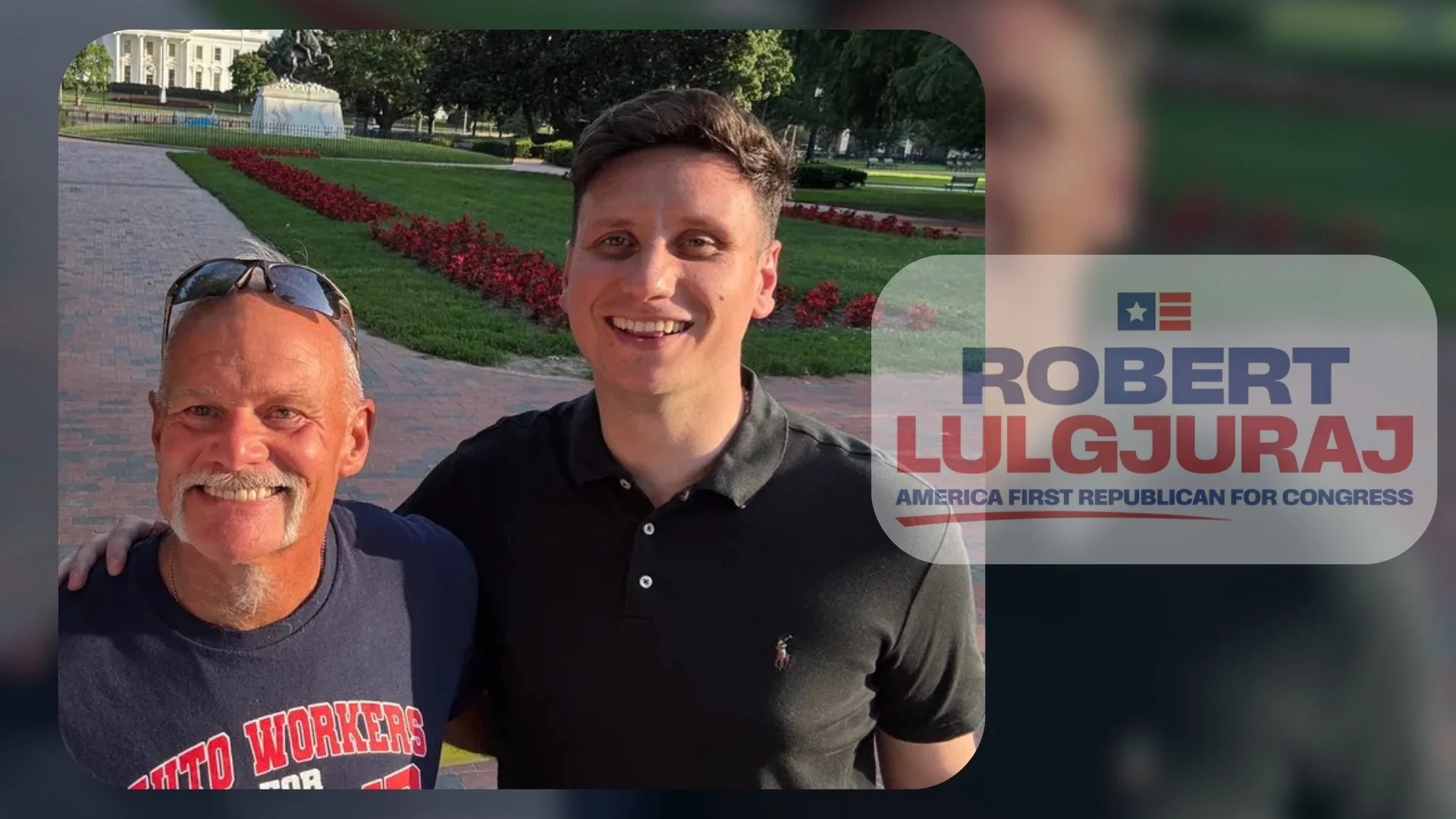 Robert Lulgjuraj with Brian Pannebecker of Autoworkers for Trump during the Michigan 10th Congressional District Republican primary campaign.