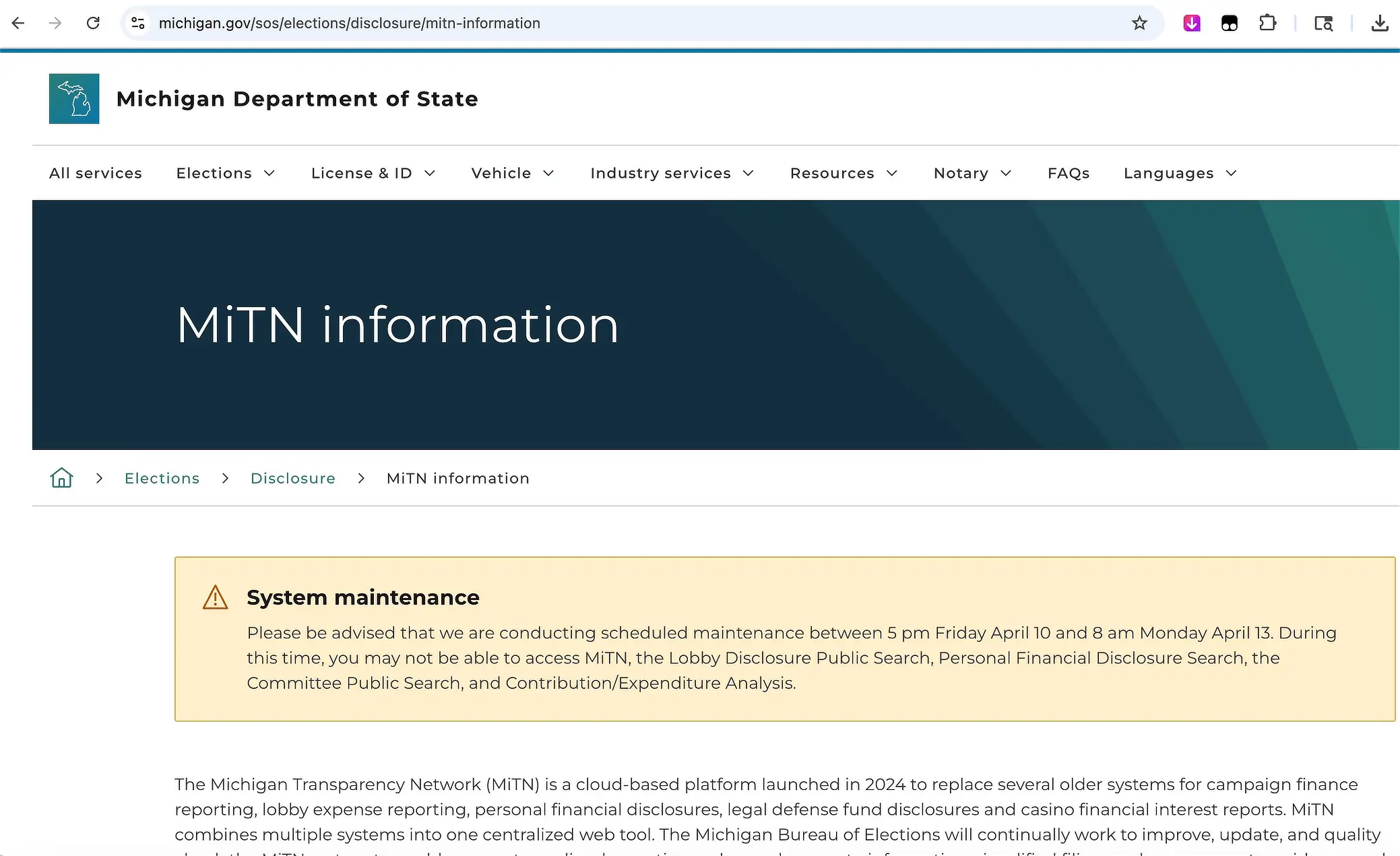 Screenshot showing the Michigan campaign finance search system unavailable notice