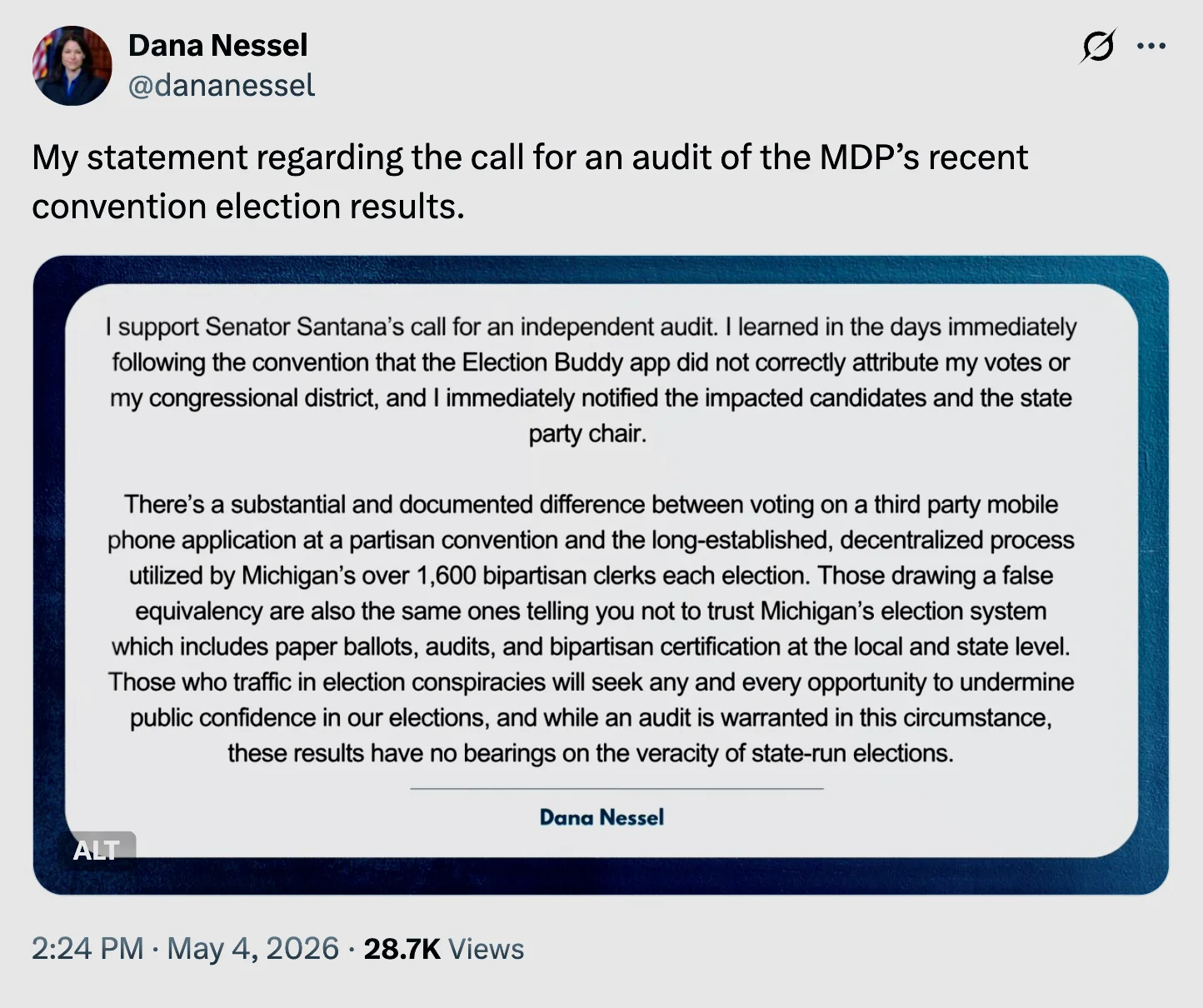 Screenshot of Dana Nessel post about Michigan Democratic Party endorsement convention audit concerns.