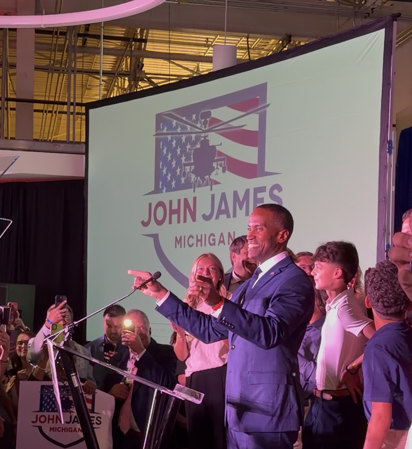 John James on stage at his Republican gubernatorial primary victory party