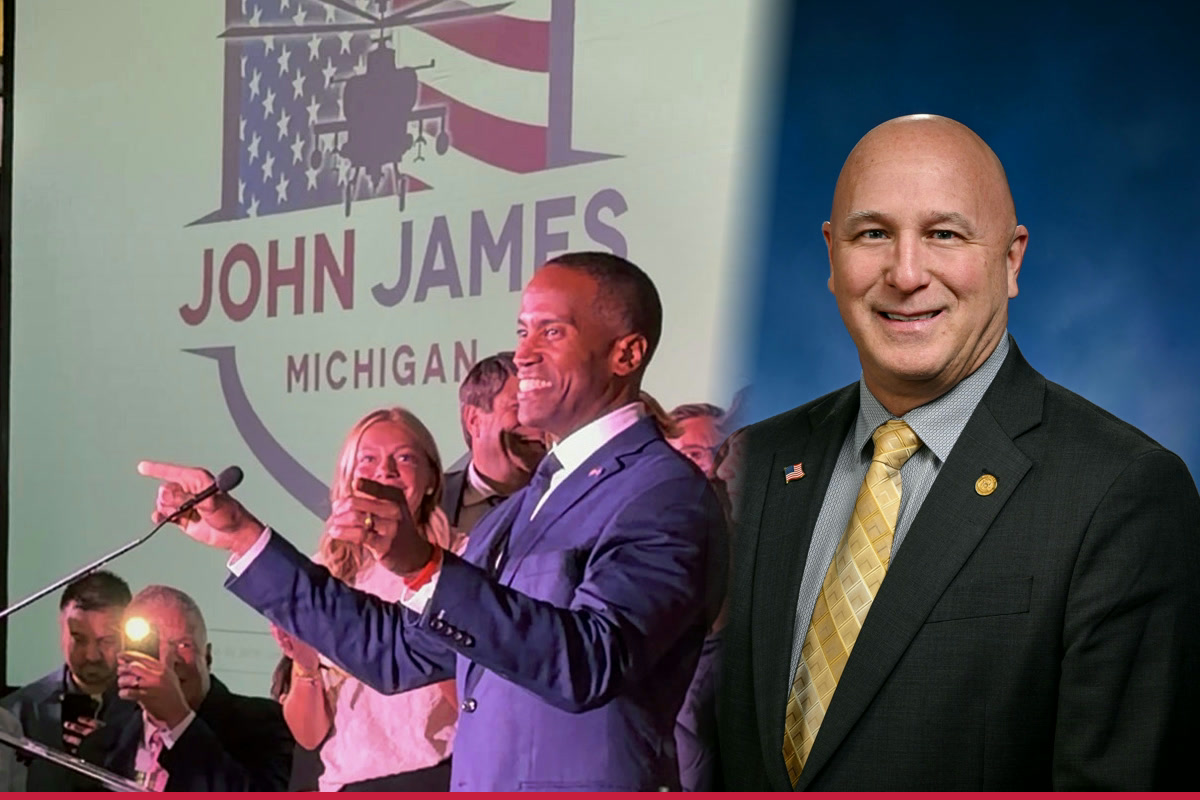John James speaking at his 2026 Republican primary victory event beside an official portrait of Jay DeBoyer.