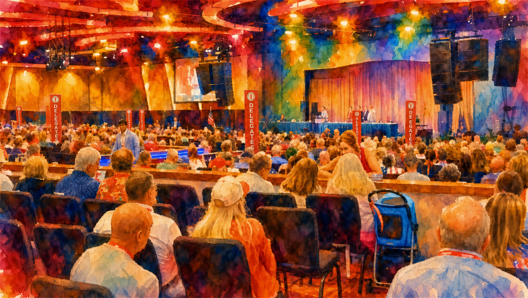 Watercolor-style depiction of delegates gathered at the Michigan Republican Nominating Convention in Mount Pleasant on August 22, 2026