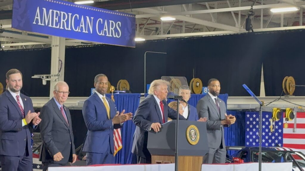 President Donald Trump on stage with Michigan Republicans in Milford