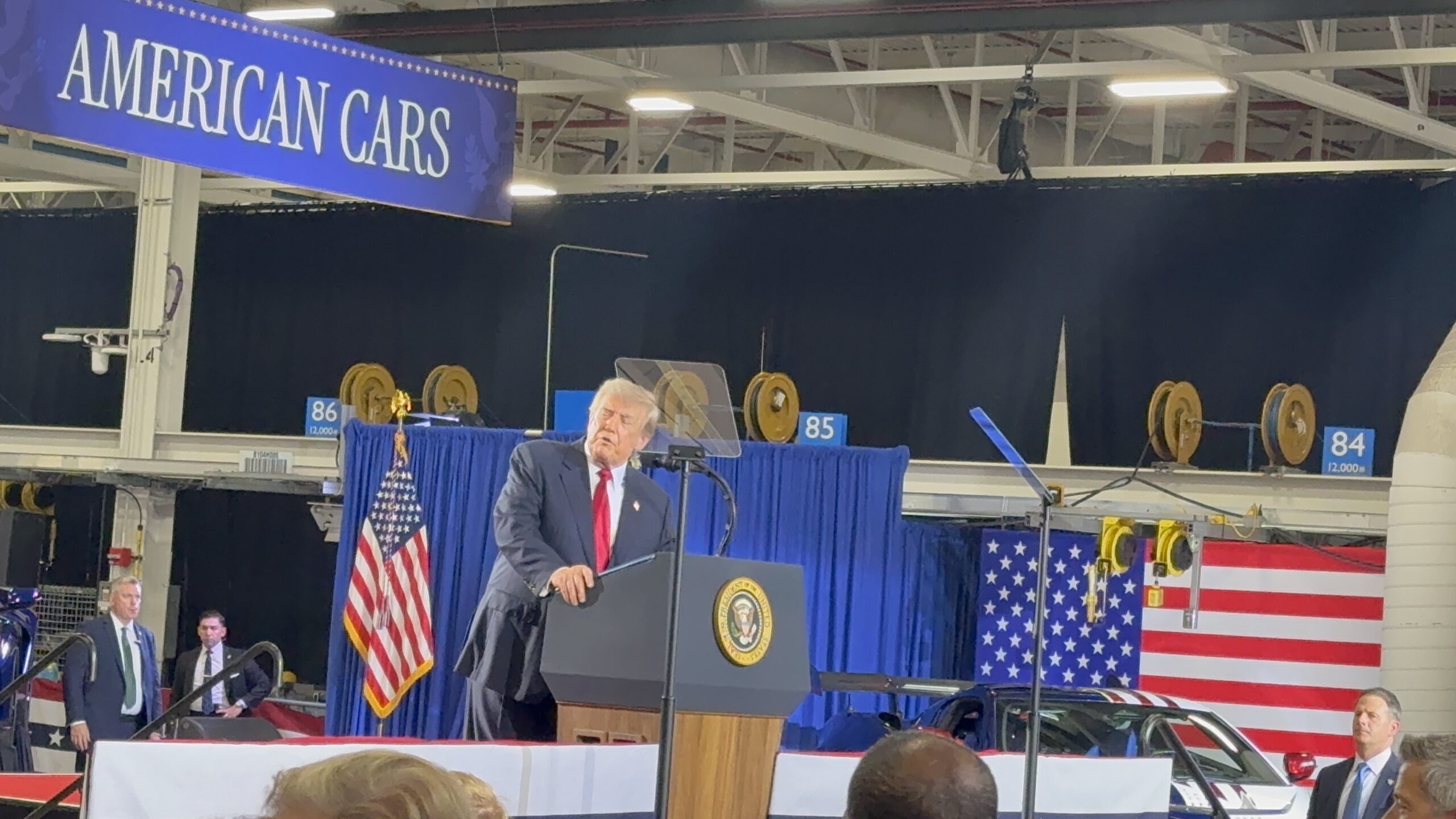 President Donald J. Trump speaking at General Motors' Milford Proving Ground in Milford, Michigan, on July 27, 2026.