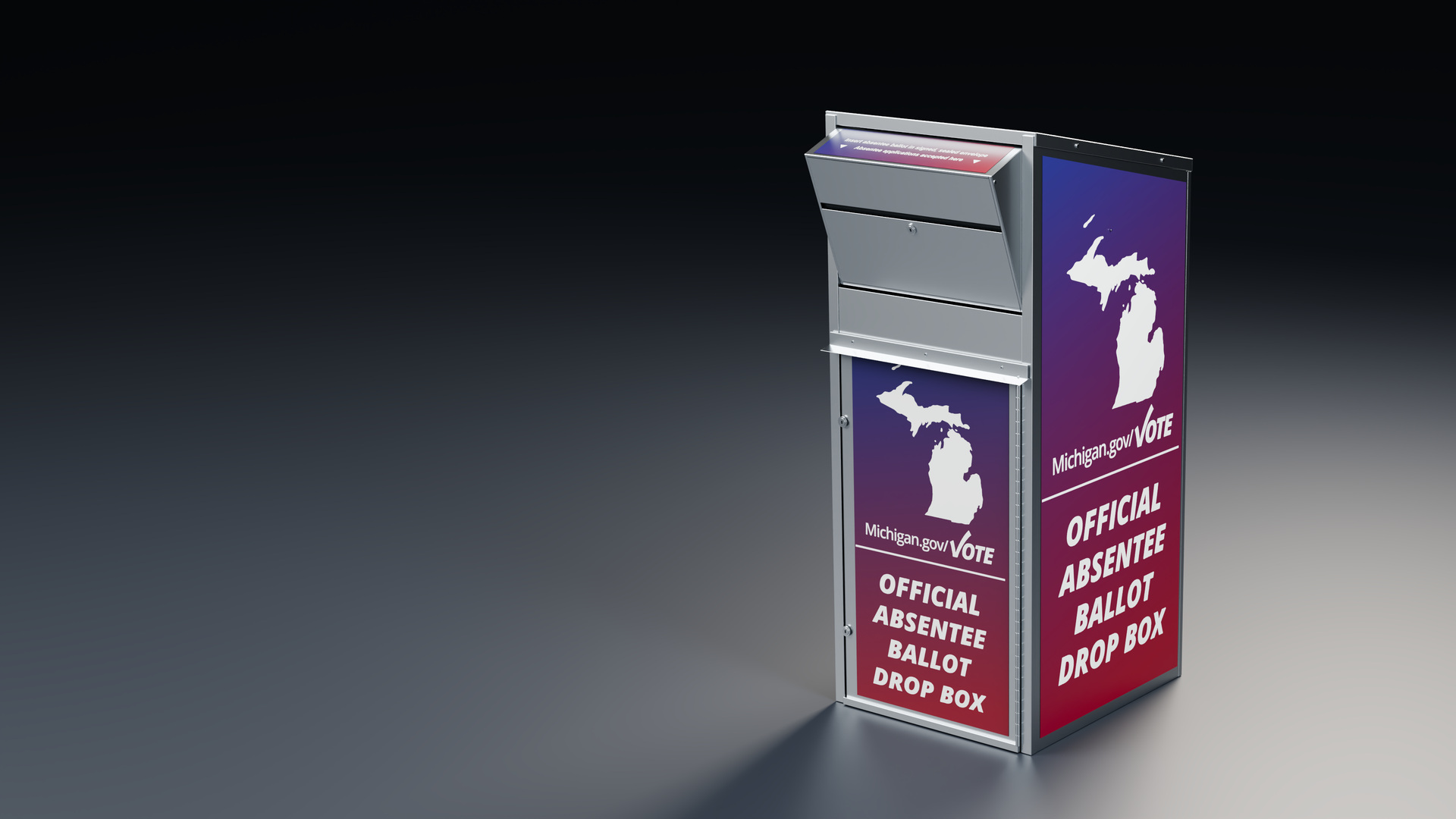 Restored 3D reconstruction of a stainless Michigan ballot drop box.