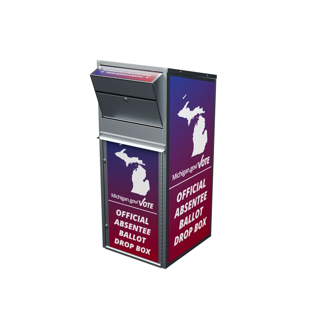 Restored reconstruction of a Michigan absentee ballot drop box.