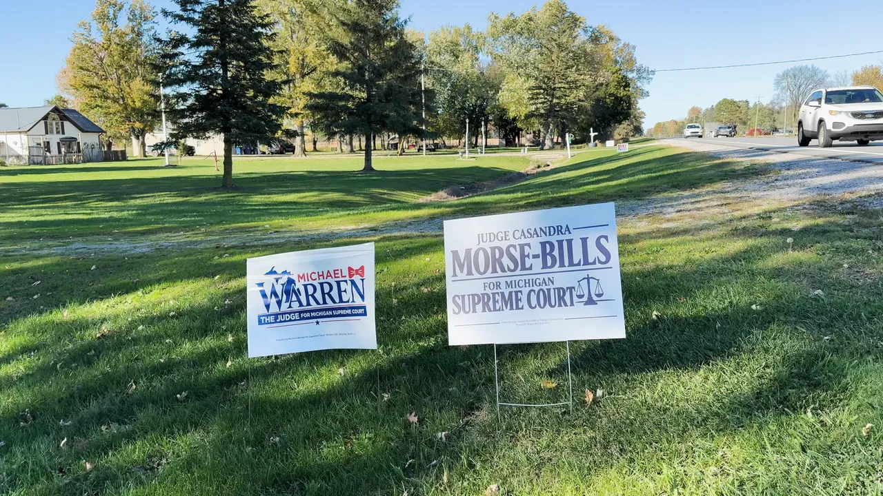 Michael Warren and Casandra Morse-Bills campaign signs standing together beside a Michigan road.
